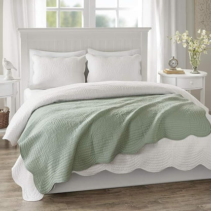 Madison Park Luxe Quilted Throw Blanket - Damask Stitching Design, Cotton Filled Spread, Ultra Soft, Cozy Bedding for Living Room Couch, Sofa, Bed, 60x72", Scalloped Borders Seafoam