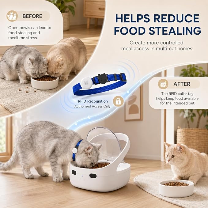 Smart Pet Feeder RFID Bluetooth, Wet & Dry Food Compatible, 400ML Capacity | RFID Cat Feeder, Multi-Cat Feeding, Wet & Dry Food Bowl, Dual Ice Packs, Portion Control, Removable Bowl