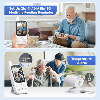 Room Monitors for Elderly Monitor with Camera And Audio, 2-Way Talk Baby Monitors for Elderly, Med Reminder and Temp Sensor Senior Monitor for Adult, No Wifi/App Caregivers Cameras for Senior