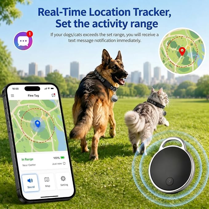 GPS Tracker for Dogs/Cats, Real-Time Tractive GPS Dog Tracker Device | Dog/Cat Tracker Pet Location Tracking with Collar, No Monthly Fee/No SIM Card, Works for iOS Find My, IP68 Waterproof