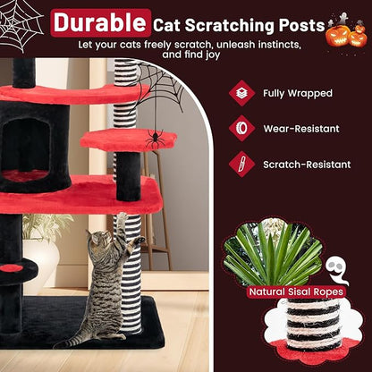 PETSITE Gothic Cat Tree - 52 Inch Tower with Sisal Scratching Post, Coffin Bed, Cat Condo, Ladder and Bat-Shaped Ball, 6-Tier Goth Cat Tree for Indoor Cats