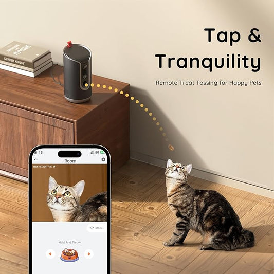 TKENPRO 2K Pet Camera Treat Dispenser, AI Photo Album, Dog Camera with 360° Auto Tracking & 5G/2.4G WiFi, 2-Way Talk, Remote Treat Tossing, Motion Alerts for Cats Indoor