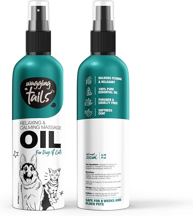 Wagging Tails 4-in-1 Relaxing & Calming Massage Oil for Dogs and Cats, 6.76 fl oz | Natural Grooming Formula | Enhances Coat Shine & Softness, Soothes Itching, Promotes Relaxation