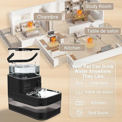 Filterless Cat Water Fountain 3L, Wireless Motion Sensor Cat Water Fountain with 4000mAh Battery, Stainless Steel Cat Bowls, Water Fountain Separate Tanks, Quiet – Black
