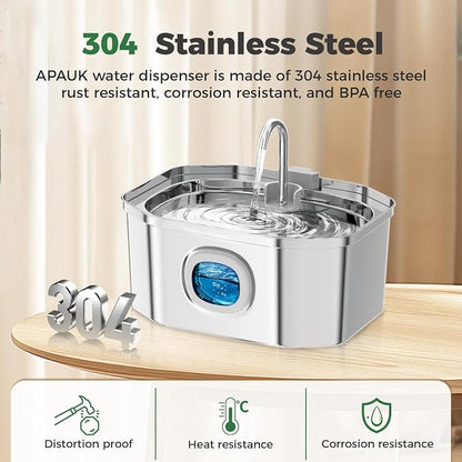 Cat Water Fountain, Apauk 108oz/3.2L Silent cat Water Fountain Stainless Steel, Cat Fountain, Automatic Pet Water Fountain,Dog Bowl, Controllable Blue Light - (6 Filters& 6 Sponges)