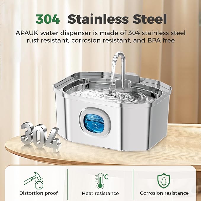Cat Water Fountain, Apauk 108oz/3.2L Silent cat Water Fountain Stainless Steel, Cat Fountain, Automatic Pet Water Fountain,Dog Bowl, Controllable Blue Light - (2 Filters& 2 Sponges)
