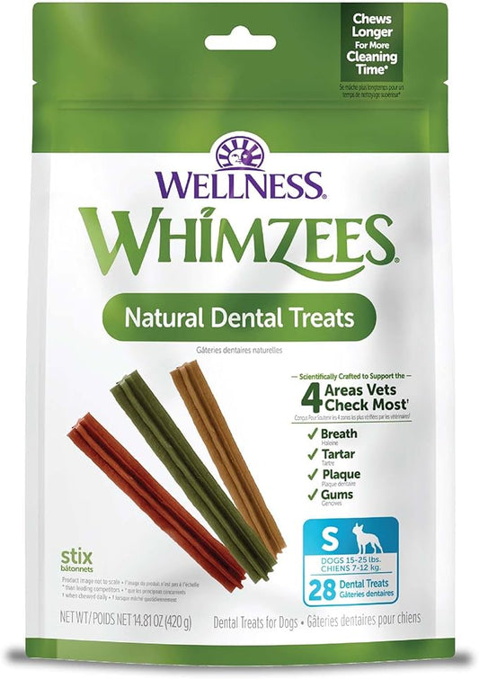Whimzees Wellness Stix Dog Dental Treat, Chews, Freshens Breath, Small Size Sticks, 14.81 oz Bag, 28 Count