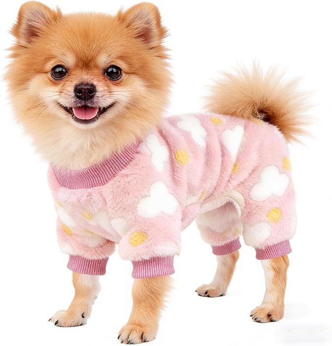 Dog Sweaters for Small Dogs Girl Dog Clothes Fleece Small Dog Pajamas Female Warm Dog Pjs Soft Dog Onesie Heart Chihuahua Clothes Pink Pet Puppy Pajamas, 3XS