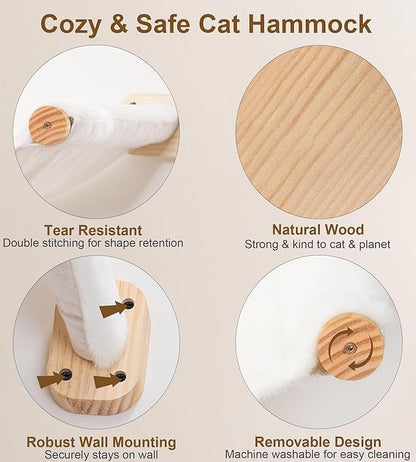 Cat Wall Shelves with 1 Floating Fabric Hammock, 2 Ladders with 4 Steps Each & 1 Flat Cat Shelf, Wall Mounted Bed Furniture & Climber, Indoor Playground