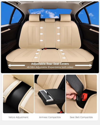 Huidasource Beige Rear Seat Cover, Nappa Leather Back Seat Cover with Ventilation Holes, Velcro Adjustable, Compatible with Armrests, Seat belts, Child Safety Seats, Fit for Most Cars SUV Truck, Beige