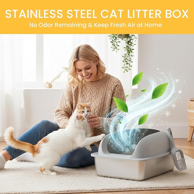 Simple Deluxe XL Stainless Steel Cat Litter Box with Lid, Extra Large Metal Litter Pan for Large Cats with High Sides, Urine-Proof Non-Stick Easy Clean, Light Gray