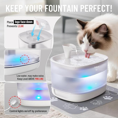 Veken Cat Water Fountain with Detachable Tank, Easy to Clean & Assemble, 85oz/2.5L Automatic Pet Drinking Dispenser with Quiet Operation & LED Light for Cats, Dogs and Small Pets, White