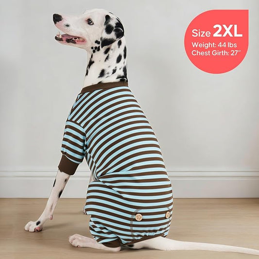 KYEESE Dog Pajamas, Lightweight Warm Pet Clothes Pets Sleepwear, Soft Comfy Pet Onesie Dog Pajamas for Large Breeds, Stretchy Pets Jumpsuit Dogs PJS with 4 Legs, Blue Striped, 3XL