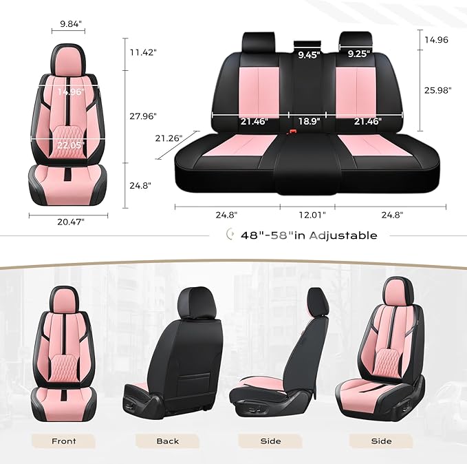 Coverado Leather Seat Cover Full Set, Waterproof Car Seat Covers with Lumbar Support, Front and Rear Seat Covers for Car, Universal Car Seat Protectors Car Seat Cushion Fit for Most Cars (Black&Pink)