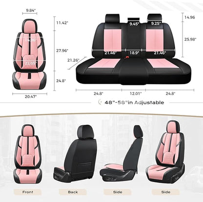 Coverado Leather Seat Cover Full Set, Waterproof Car Seat Covers with Lumbar Support, Front and Rear Seat Covers for Car, Universal Car Seat Protectors Car Seat Cushion Fit for Most Cars (Black&Pink)