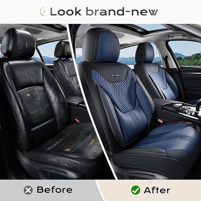 Coverado Car Seat Covers Full Set, Front Seat Covers with Lumbar Support and Back Seat Cover Waterproof Leather Automotive Seat Cover, Universal Car Interior Protectors Cushion for Most Cars