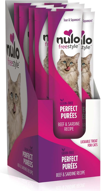 Nulo Freestyle Lickable Cat Treats - Perfect Purées Beef & Sardine, Squeezable Grain-Free Wet Cat Food Topper, High Moisture for Hydration, 48 x 0.5oz