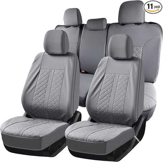 Truckiipa Seat Covers for Tacoma Full Set Leather Truck Seat Covers Waterproof Car Seat Cover Cushion Custom Fit for 2005-2015 Toyota Tacoma Double Crew Cab, Full Set, Gray