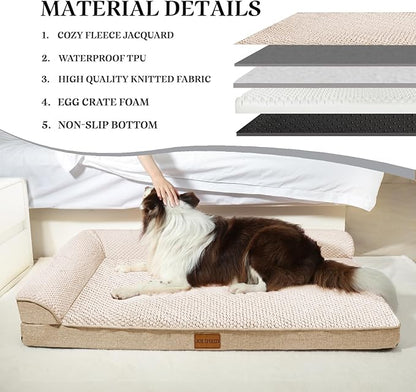 Orthopedic XL Dog Bed Large Sized Dog 48''X30'', Waterproof L Bolster Extra Large Egg Crate Foam Pet Crate Beds with Washable Removable Cover, Non-Slip Soft Pet Couch Mat, Ivory