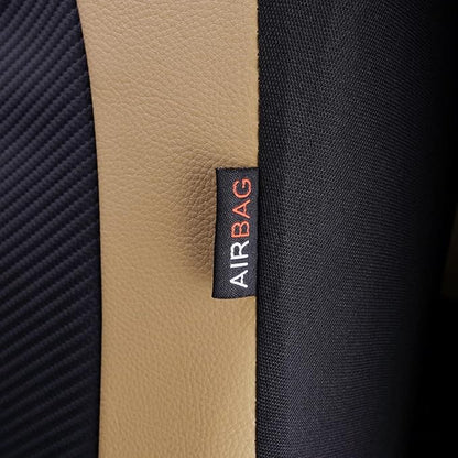 Flying Banner car seat Covers Protects Water Proof Faux Leather Carbon Fiber Front and Rear Bench (Black Beige, Full Set - 8PCS)