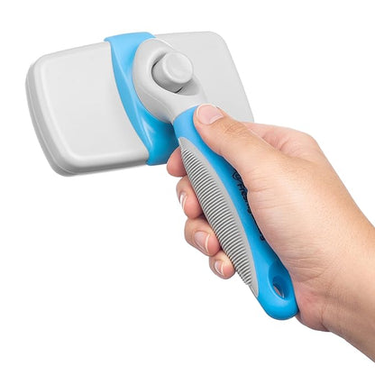 Freshly Bailey Self Cleaning Slicker Brush for Dogs and Cats - Hair Brush for Medium to Long-haired Pets - Effective, Comfortable, and Easy to Clean - White and Blue