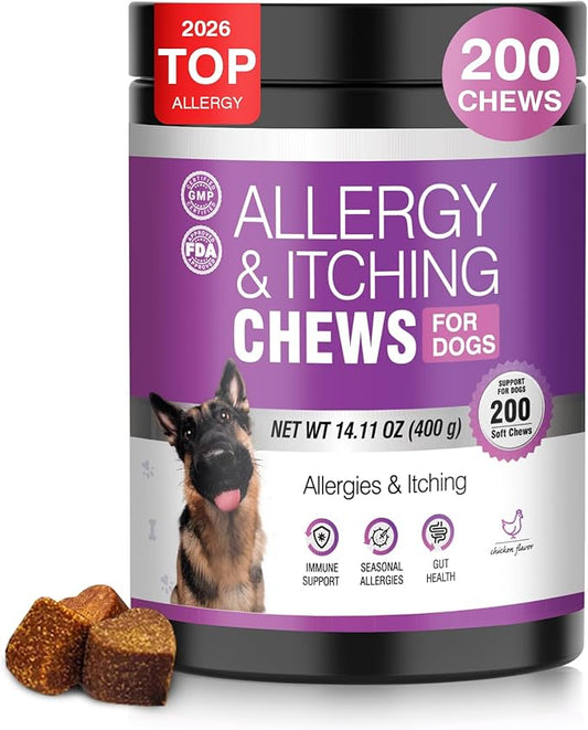 Dog Allergy Chews 200ct - Dog Allergy and Itching Skin Relief Anti Itch Aller Immune Bites for Dogs licking Paws Treatment Relief Itchy Chew Probiotics Vitamins for Skin and Coat Allergies - Chicken