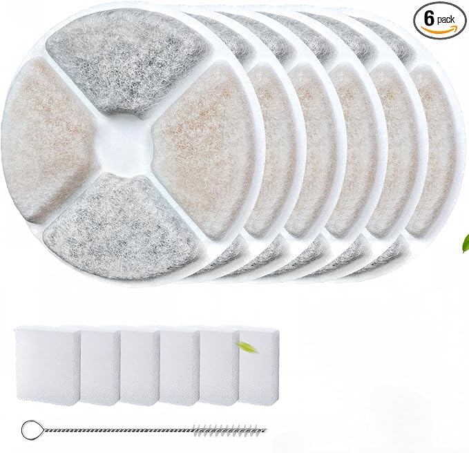 6 Set Cat Water Fountain Replacement Filters | Compatible With PETALPAW Cat Water Fountain 6 Filters+6 Sponges+1 Pump Brush