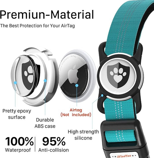 Reflective Dog Collar with AirTag Holder for Medium Dogs Soft Nylon Blue Sized M
