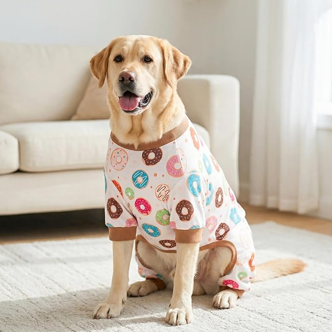 KYEESE Dog Pajamas, Soft Dog Pajamas for Large Dogs Boy Girl, Stretchy Dogs Pjs Velvet Pet Jumpsuit Sleepwear, Comfy Jammies Lightweight Pet Onesie Outfit, Donut, 3XL