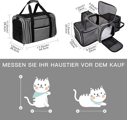 BAGLHER Expandable Cat Carrier with Travel Litter Box, Pet Travel 5 Sides Open Doors 3 Sides, Leak-Proof and Collapsible, for Car, Airplane Trip, Grey