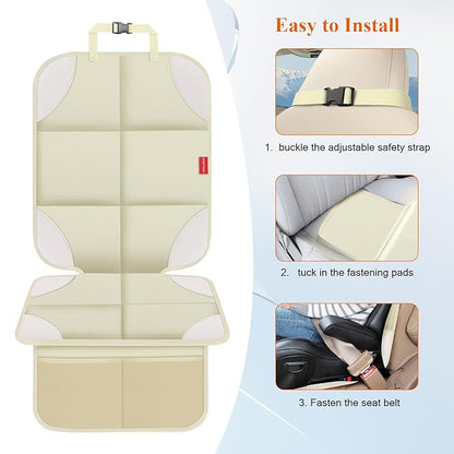 Car Seat Protector, 2 Pack 600D Fabric Seat Protector Under Baby Car Seat with Upgraded Non-Slip Backing, Thickest Padding, Mesh Storage Pockets