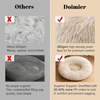 Calming Donut Dog Beds for Small Dogs Kitten - Washable Removable Cover Non-Slip Bottom, Round Pet Bed Puppy Bed Warming Fluffy Faux Fur Anti-Anxiety, Fits up to 15 lbs (Beige, 20")