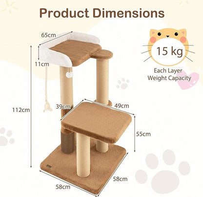 PETSITE 44-inch Modern Cat Tree for Indoor Cats, Multi-Level Cat Tower with Paper Rope Scratching Posts, Self Groomer, Sisal Rope, Soft Faux Rabbit Fur Covered Platforms, and Dangling Ball