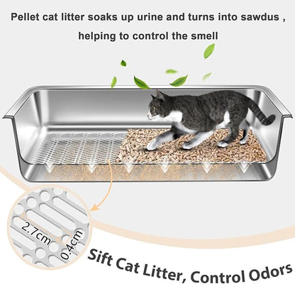 2 Pack Stainless Steel Sifting Litter Box for Pine Pellets,Sifting Cat Litter Box for Wood Pellets,Extra Large Sifter Litter Pan System with Litte Liners and Scoop-20 ''Lx 13.8''W x 6''H