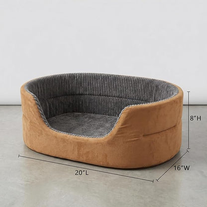 Small Dog Bed Cat Bed 16x20 Inch, Calming Pet Bed for Puppies, Teacup Dogs & Kittens, Half-Enclosed Open-Top Velvet Anti-Anxiety Bed, Machine Washable Cozy Snuggle Bed (Camel)