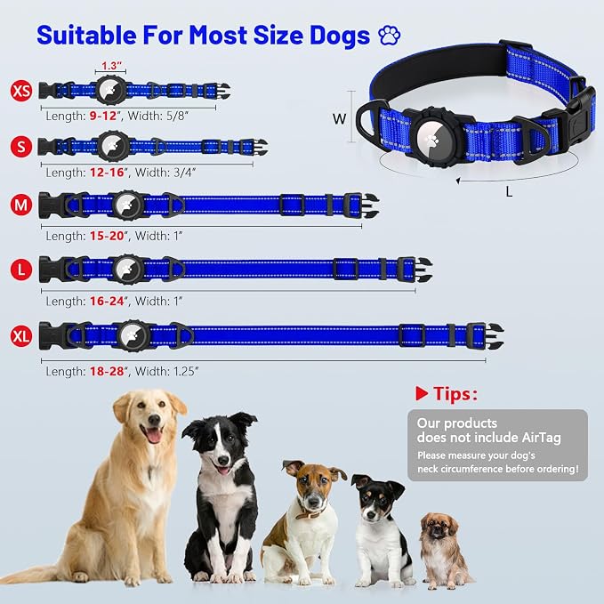 Taglory AirTag Dog Collar with Waterproof Holder for Large Dogs, Navy Blue | Reflective for Night Walks & Low-Light Safety, Track Your Pup Peace of Mind, Adjustable Soft Padded, No More Dangling Tags L