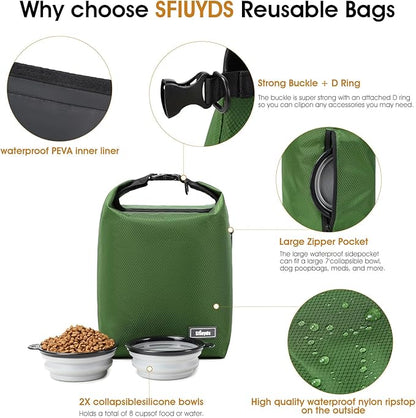Dog Food Travel Bag Pet Food Container2PCS Collapsible Dog Travel Bowls and Zipper Side Pocket 20L (Green, Large)