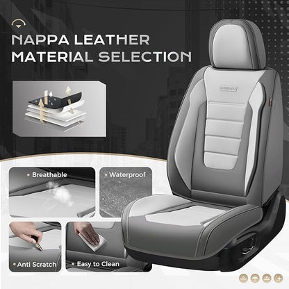 Coverado Car Seat Covers Full Set, Nappa Leather Seat Covers for Cars, Car Seat Protector Car Seat Cushion, Front and Back Seat Protectors Cushions Universal Fit for Most Cars (Gray&Light Gray)