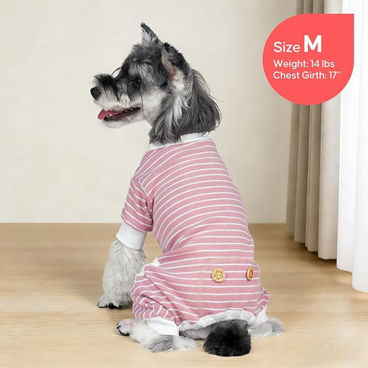 KYEESE Dog Pajamas Stretchable 4 Legs Doggie Jammies Striped Dog PJS Jumpsuit Lightweight Onesie Puppy Pajamas Soft Breathable Cozy Pet Outfit PJS Comfortable Sleepwear,Pink Striped, X-Small