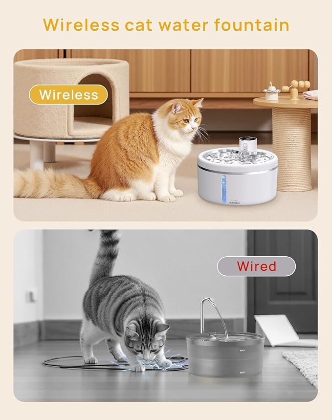 Wireless Cat Water Fountain [with Stainless Steel Tray], 84oz/2.5L Pet Fountain for Cats Inside, Cat Fountain for Drinking with Motion Sensor