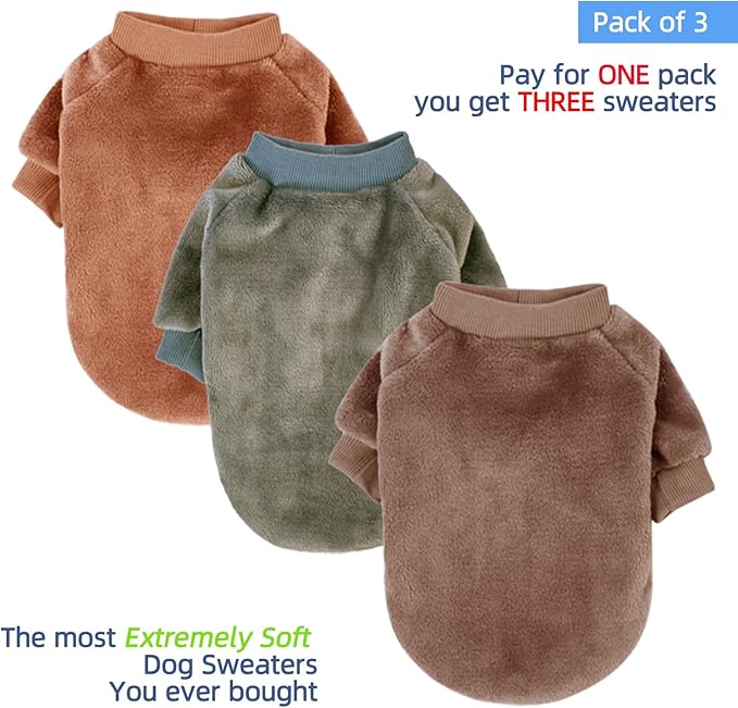 FabriCastle Small Dog Sweaters, 3-Pack Dog & Cat Clothes, Ultra Soft and Warm Pet Jackets for Small Dogs Boy & Girl, Winter Pet Apparel Costumes, Puppy Outfits (Camel,Khaki,Olive, Large)