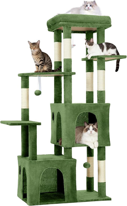 GarveeLife 61" Multi-Level Cat Tree for Indoor Cats, Heavy-Duty Tower for Large Adult & Maine Coon Cats with Oversized Perch, Dual Condos, Natural Sisal Scratching Posts & Play Toys – Green