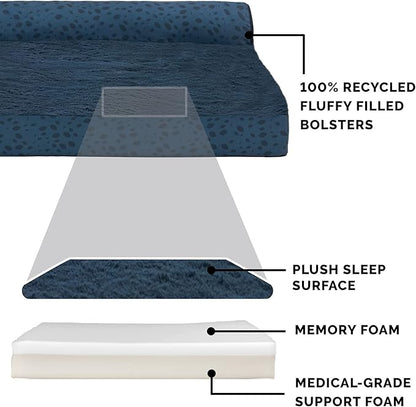 Furhaven Memory Foam Dog Bed for Large/Medium Dogs w/ Removable Bolsters & Washable Cover, For Dogs Up to 55 lbs - Plush & Almond Print L Shaped Chaise - Blue Almonds, Large