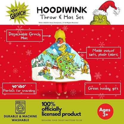 Dr. Seuss The Grinch Costume Holiday and Christmas Kids Super Soft Hooded Throw with Detachable Hat, 50"(L) X 60" (W), (Official Licensed Product) By Franco