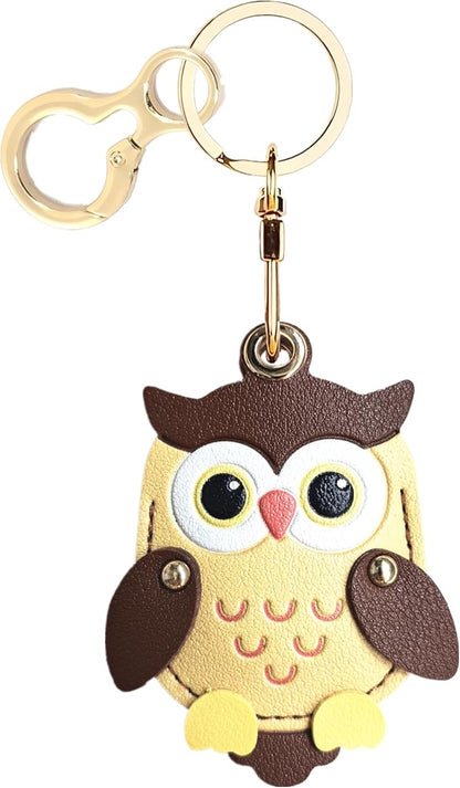 Leather Keychain Holder Case Compatible with AirTag,Cute Protective Cover with Keyring,Anti-Scratch Finder GPS Tracker Case for Wallet Keys,bag,pets,Backpack(Owl Brown)