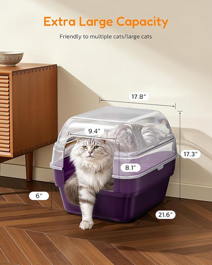Large Cat Litter Box with Transparent Lid, Foldable Hooded Litter Box with Front Door Flap for Privacy, Easy Clean Non-Sticky Litter Box with Intelligent Deodorizing, (21.6" L x 17.8" W x 17.3" H)