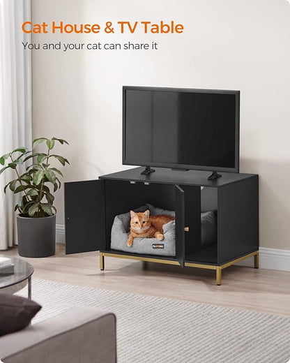 Feandrea Cat Litter Box Enclosure, Hidden Litter Box Furniture with Scratch Pad, Front Entry, Double Cabinet Doors, Modern Style, 31.5" Cat House Washroom Side End Table, Black and Gold