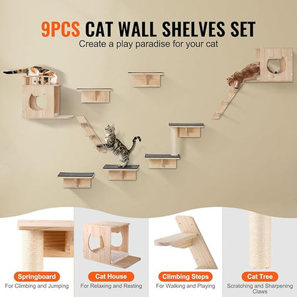 VEVOR Wall Mounted Cat Shelves, Cat Wall Shelves and Perches with Jumping Boards, Cat Beds, Hammocks & Cat Tree, Cat Furniture and Shelves up to 40 lbs for Sleeping, Playing, Climbing, Set of 9