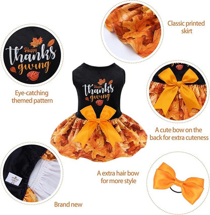 CuteBone Thanksgiving Dog Fall Dresses Costume Velvet Holiday Small Dogs Clothes Onesie Pet Apparel Girl Puppy Skirt with Bow Hair Rope CVA52XXS-D