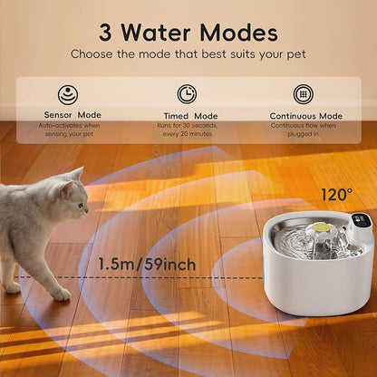 Wireless Cat Water Fountain 95fl-oz/2.8L Cat Fountain,Stainless Steel Tray,Rechargeable Pet Drinking Fountains for Cats and Dogs(Cat Fountain+3 Filters)
